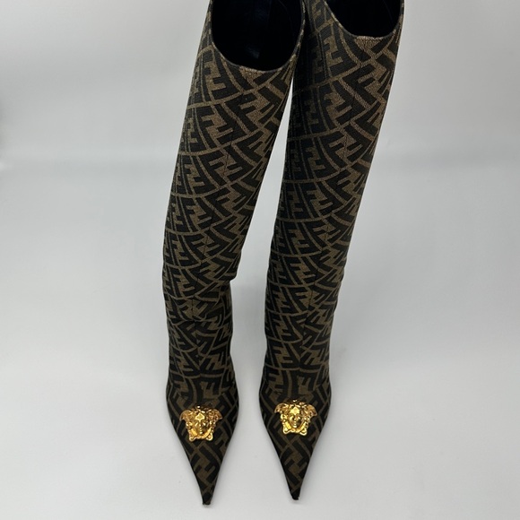 Fendi Brown Monogram Over-the-Knee Pointed Boots with Gold Medusa Medallion - Picture 2 of 7